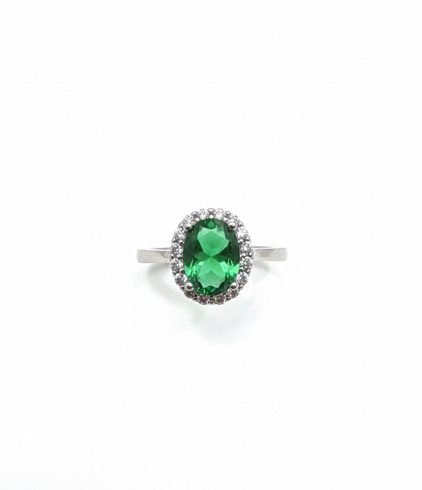 1 Silver Ring with Gemstone (Emerald) - Image 1
